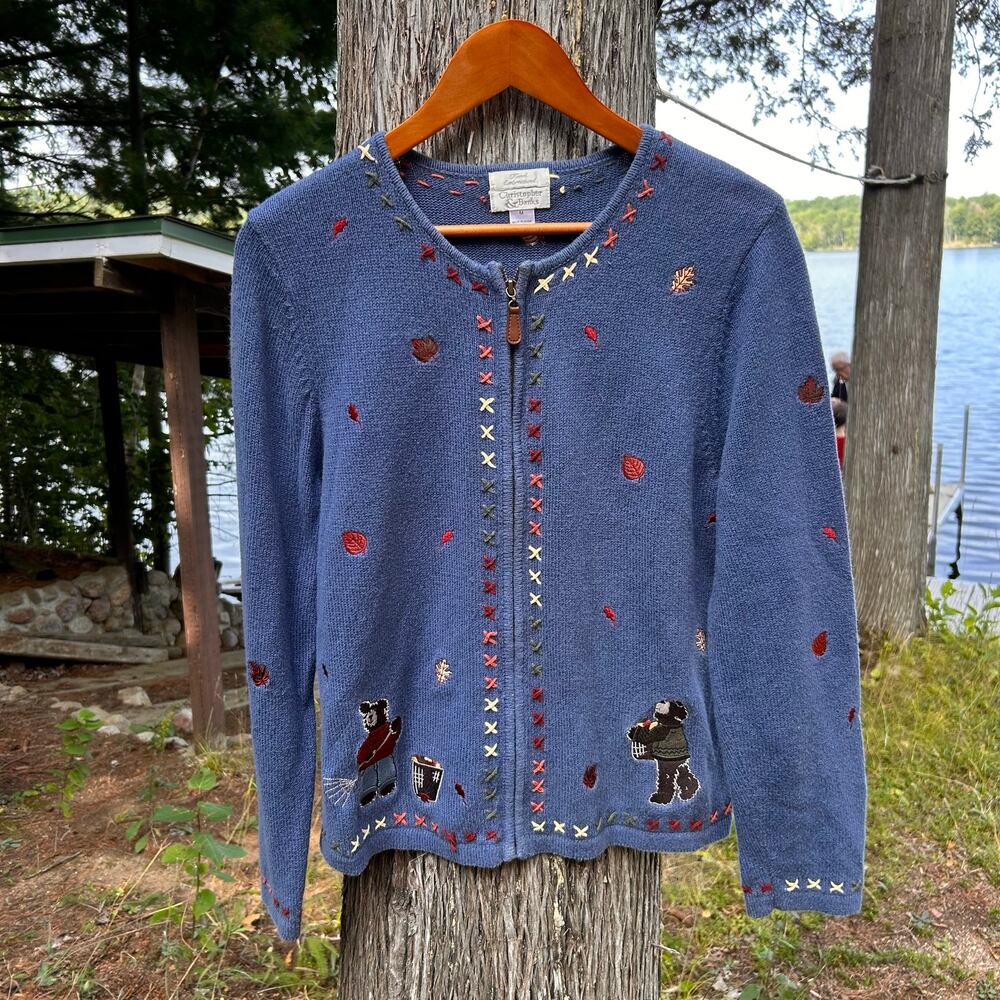 Vintage Christopher & Banks Blue Fall Bear Embroidered Zip Cardigan Sweater M